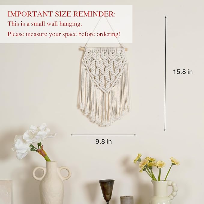 nashibowu small macrame wall hanging decor boho tapestry for bedroom living room dorm nursery and office, cute aesthetic wall art for small spaces for teen girls and home decor (white, 16 * 10 inch)