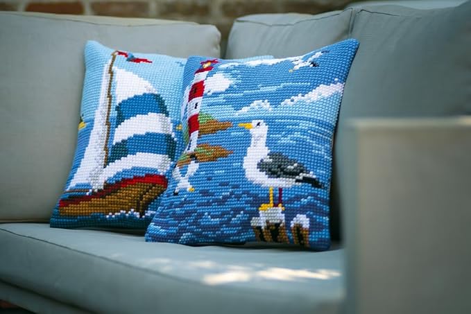 Vervaco Cross Stitch Embroidery Kits Pillow Front for Self-Embroidery with Embroidery Pattern on 100% Cotton and Embroidery Thread, 15,75 x 15,75 Inches - 40 x 40 cm, Seagulls