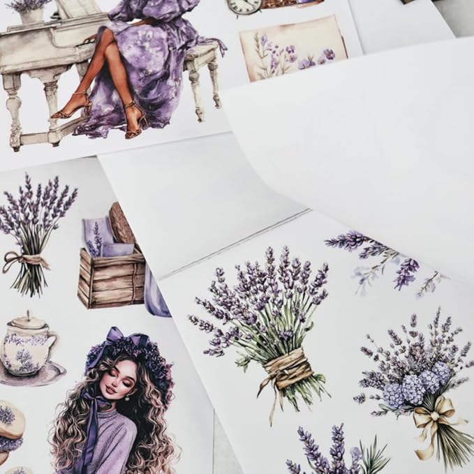Song of Lavender Scrapbook Stickers for Women, 20 Sheets A5 Die-Cut Journaling Sticker Book for Adutls, Junk Journal Supplies, Planners, Bujo, Assorted PET Washi Paper Materials
