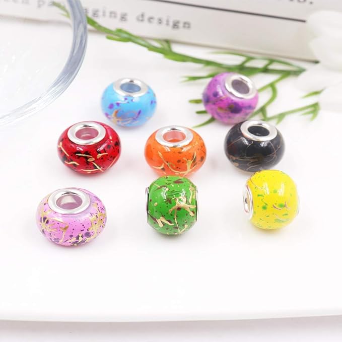AIPRIDY 100Pcs 15x11mm Painting Murano Large Hole Glass Beads Mix Color with Silver Brass Cores European Charm fit Bracelet Necklace (Golden line)