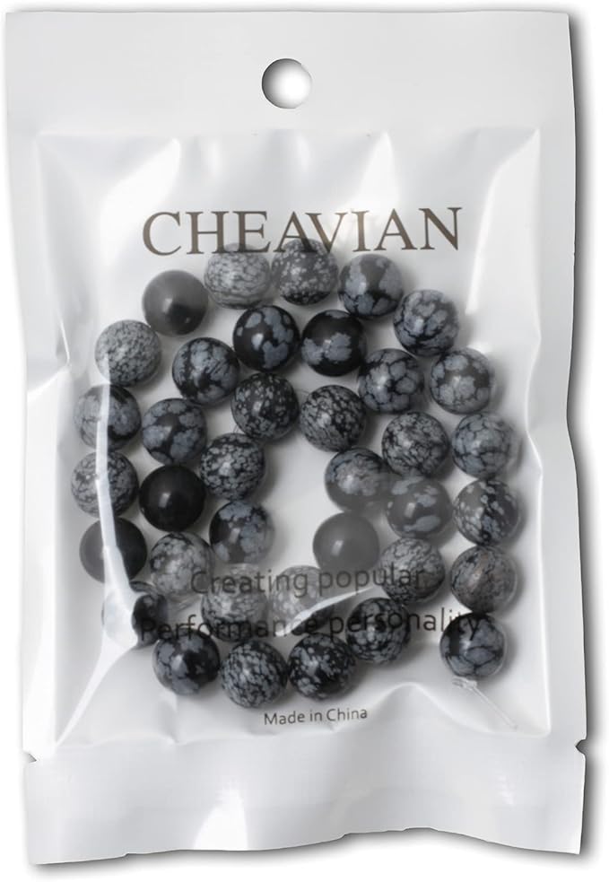 cheavian 35pcs 10mm natural black snowflake obsidian gemstone round loose beads stone beads for jewelry making diy findings 1 strand 15"
