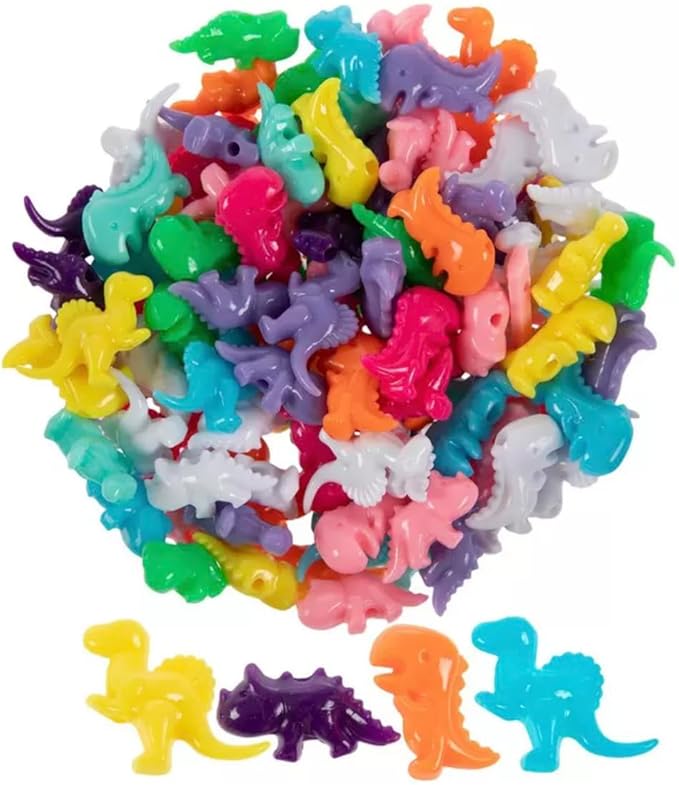 Bright Colorful Dinosaur Plastic Bead Assortment - DIY Dinosaur Necklace Jewelry Craft - Pony Beads, Novelty Beads