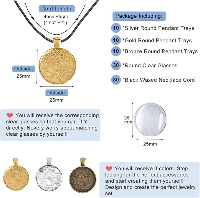 J6QIHANG Pendant Trays Kit for DIY Jewelry Crafts Making, Including Oval Pendant Bezel Blank Trays Glass Cabochons Waxed Necklace Cords for Photo Cameo Jewelry Making