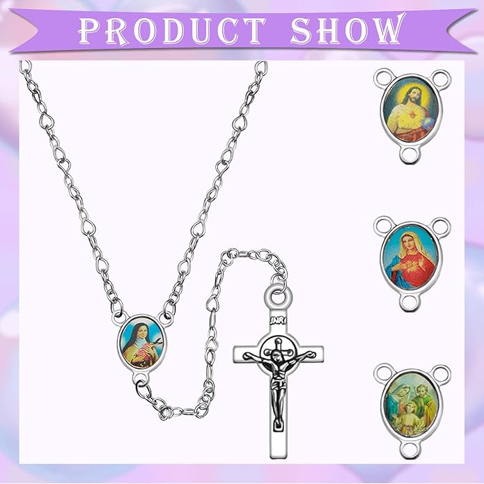 60Pcs/30Sets Rosary Making Kits Supplies Alloy Religion Cross and Center Medal Charms Pendant Oval Chandelier Links for Diy Prayer Necklace Jewelry