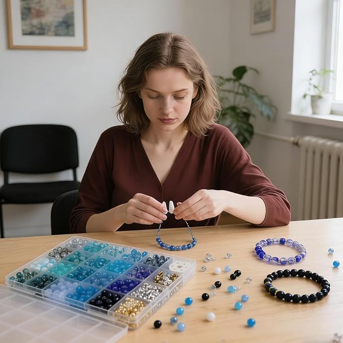 DIPSEOI 8mm Glass Beads for Bracelet Kit - 900 Pcs Jewelry Making Kits Bead DIY with Spacer Charms (Blue Series)