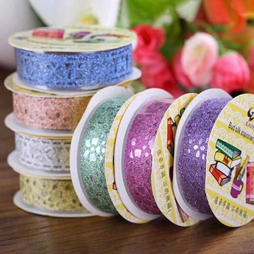 SallyFashion Decorative Washi Tape Set - 6Rolls Glitter Lace Washi Tape for Card Making Supplies, Scrapbook Craft Supplies, Aesthetic Journaling, DIY Craft Projects Gift Wrapping