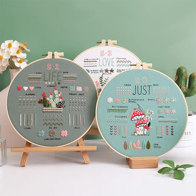 COCOMOX 3 Sets Embroidery Kit for Beginners Adults, Needlepoint Cross Stitch Kits, Learn 34 Different Stiches DIY Kits, Hand Embroidery Kit with Simple Embroidery Patterns