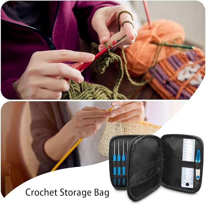 Hechitok Christmas Snowman Music Empty Crochet Hook Case Portable Travel Crochet Storage Bag Organizer Zipper Bags with Web Pocket and Crochet Holder Slots for Crochet Knitting Accessories