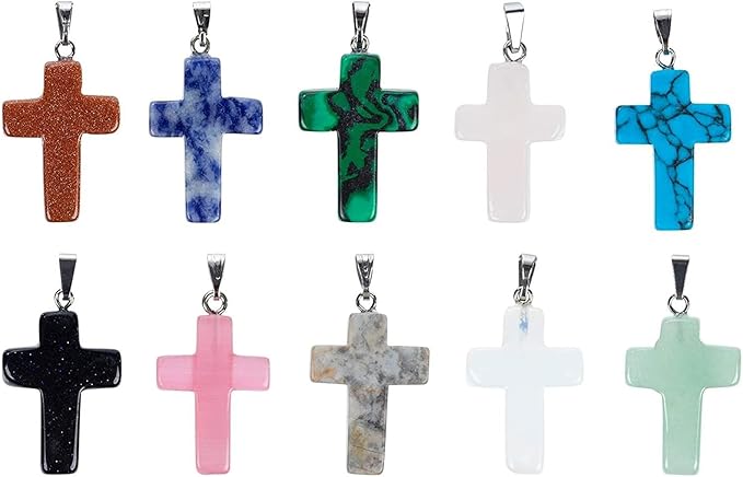 Cross Charms for Jewelry Making Kit - 40-Piece Assorted Gemstone Cross Charms, 10 Colors - Storage Case & Pendant Bails, Keychain Making Kit