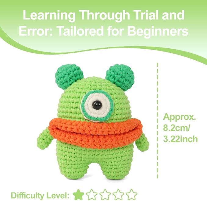 Autglint Monster Crochet Kit for Complete Beginners, Amigurumi Animal Starter Kit with Detailed Video Tutorials, Learn to Crochet Kit with Non-Split Pre-Started Yarn - Green Monster