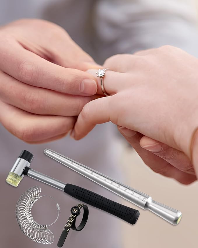 meowoo ring sizer measuring tool set, ring sizer with magnifying glass, integrated conical solid ring mandrel sizer tools for ring repair and measurement, jewelry sizing measuring, 4 pcs