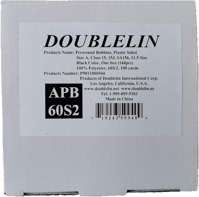 DOUBLELIN Prewound Bobbins, Size A/Style A/Class 15 / SA156 / Size 11.5, Plastic Sided, Polyester, 144 pcs – for Sewing & Embroidery Machines (60S/2, Black)