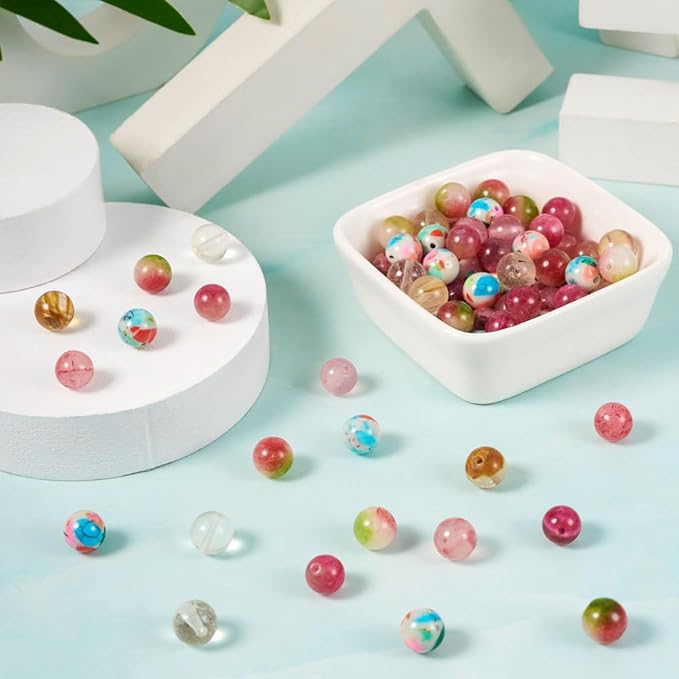 FASHEWELRY 100pcs 8mm Mixed Stone Beads Round Stone Jewelry Making Kit with Elastic String Healing Crystals for DIY Bracelet Necklace Earrings