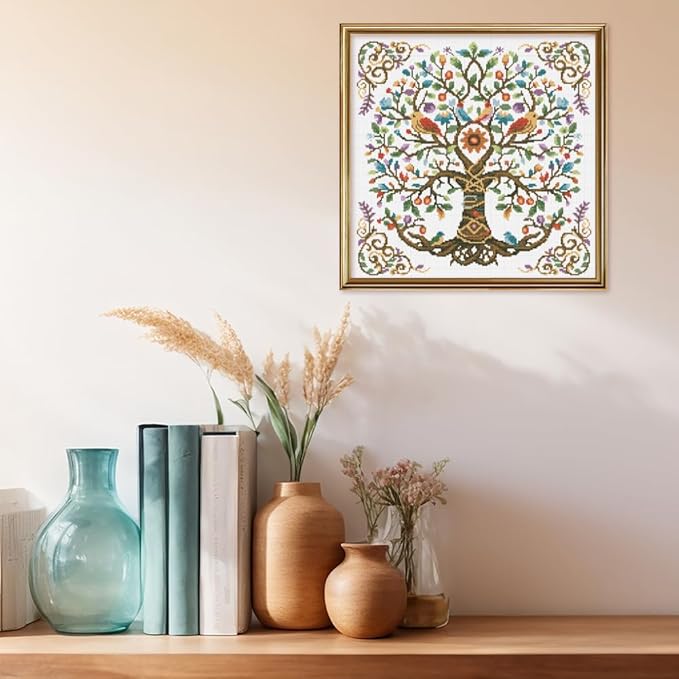 FREEBLOSS 11CT Tree of Life Printed Cross Stitch Kits Stamped Embroidery Kits with Instruction Wall Hanging Kit for Needlepoint Adults Wall Art Decoration 18x18in/45x45cm