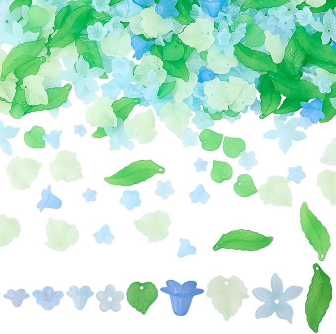 500Pcs Acrylic DIY Flower Leaf Beads Kits Including Assorted Blue Flower Loose Beads Maple Leaf Pendants Charms Acrylic Floral Caps for Earring Bracelet Necklace Craft Jewelry Making