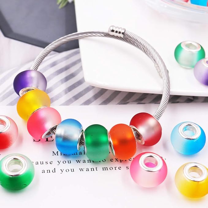 AIPRIDY 100Pcs 15x11mm Painting Murano Large Hole Glass Beads Mix Color with Silver Brass Cores European Charm fit Bracelet Necklace (Rubber Effect Bicolor)