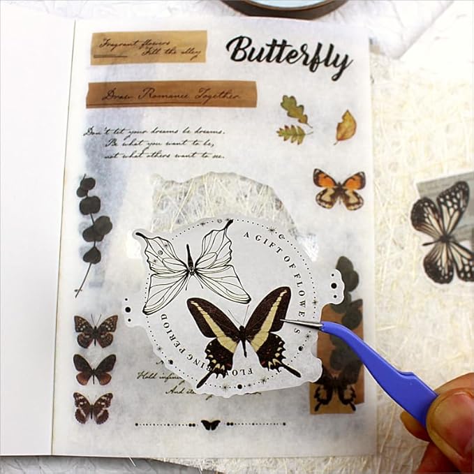 40 Sheets A6 Vintage Washi Stickers Book for Adults, Retro Butterfly Stickers with Self-Adhesive Collage Papers Ephemera for Junk Journaling Supplies, Scrapbooking, Crafts Arts