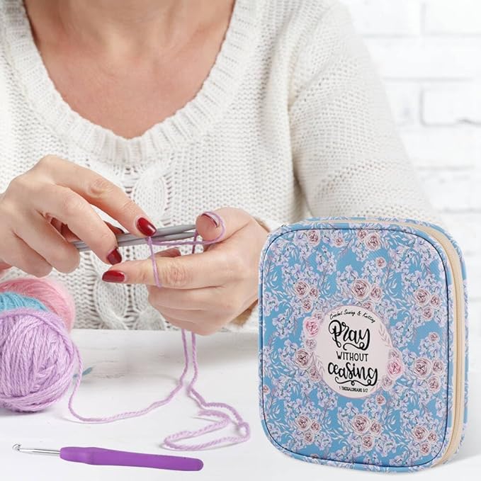 Crochet Hook Case,Portable Zipper Storage Organizer Bag for Crochet Hooks, Knitting Needles, Project & Sewing Supplies, Lightweight,Easy to Hold (No Accessories Included).Sky Blue Rose