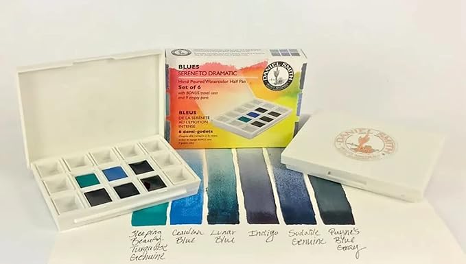 Daniel Smith Hand Poured Watercolor, Half Pans, Blues Set with 6 Watercolor Half Pans, 9 Empty Half Pans, 1 Plastic Travel Case (Total 16 Pieces) 285650004