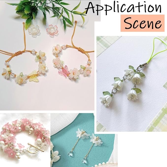 SUNNYCLUE 1 Box 500Pcs Flower Beads White Acrylic Floral Beads Kit Small Cute Green Leaf Spring Themed Lily Cherry Blossom Caps Loose Spacer for Jewelry Making Crafts Necklace Bracelets DIY Supplies