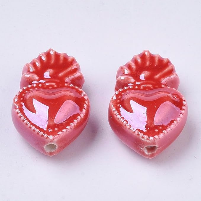 20Pcs Porcelain Ceramic Heart Beads, Bright Glazed Dark Red Porcelain Loose Spacer Beads for DIY Necklaces Bracelets Crafts Supplies