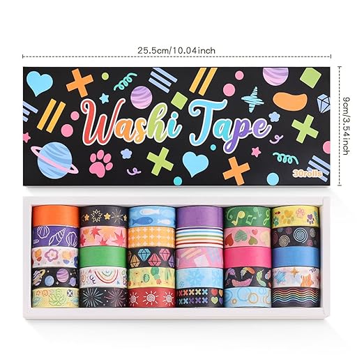 30 Rolls Colorful Theme Washi Tape Set with Different Colorful Patterns, Writable Decorative Tapes for Scrapbooking, Junk Journal Supplies, Bullet Journaling, 0.6'' x 79'' per Roll