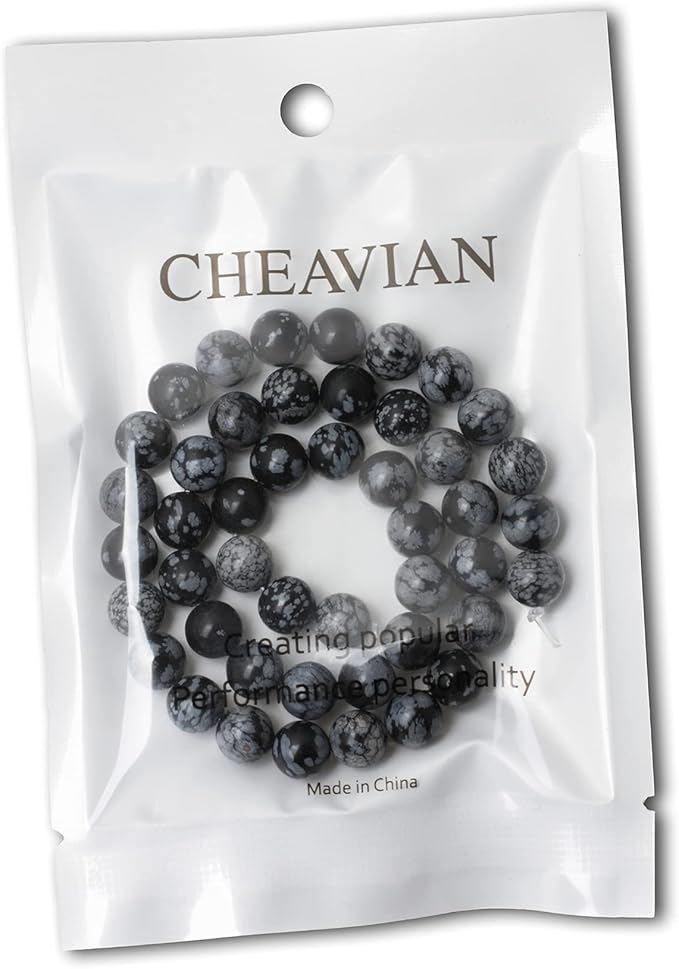 cheavian 45pcs 8mm natural black snowflake obsidian gemstone round loose beads stone beads for jewelry making diy findings 1 strand 15"