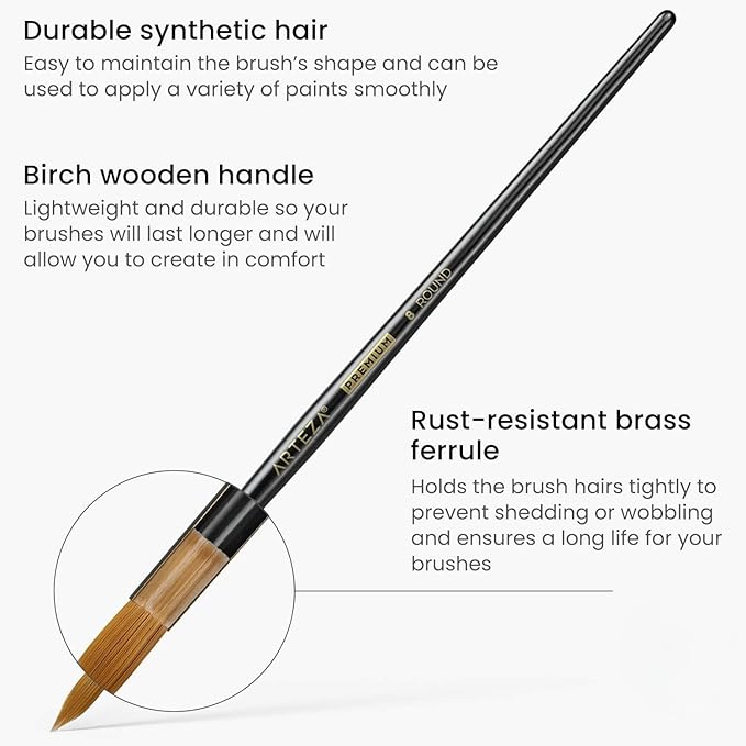 ARTEZA Paint Brushes, Set of 12, Premium Synthetic Brushes with Brass Ferrules & Wooden Handles