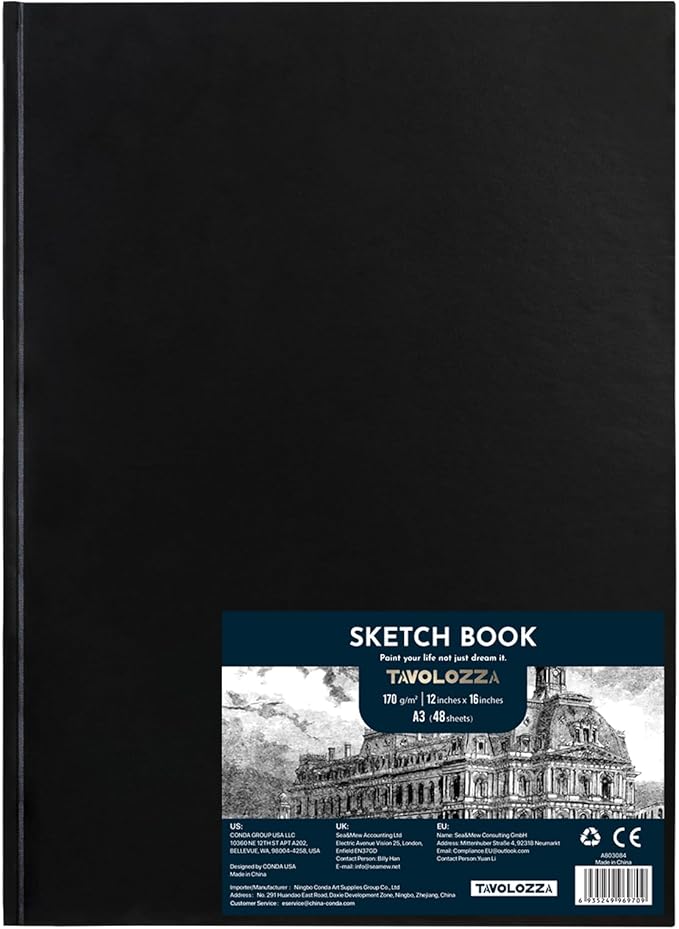 Tavolozza A3 (16.6"x11.7") Hardcover Sketch Book – 48 Pages of Heavyweight 102 lb/170gsm Acid-Free Drawing Paper – Durable, Smooth Surface for Dry Media, Painting & Sketching