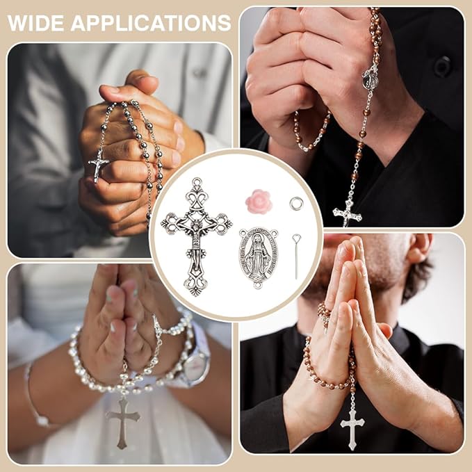 PH PandaHall Rosary Making Supplies, 446pcs Pink Rose Beads with Cross Charms Rosary Prayer Making Supplies First Communion Necklace Set for Christmas Baptism Easter Ramadan Necklace Jewelry Making