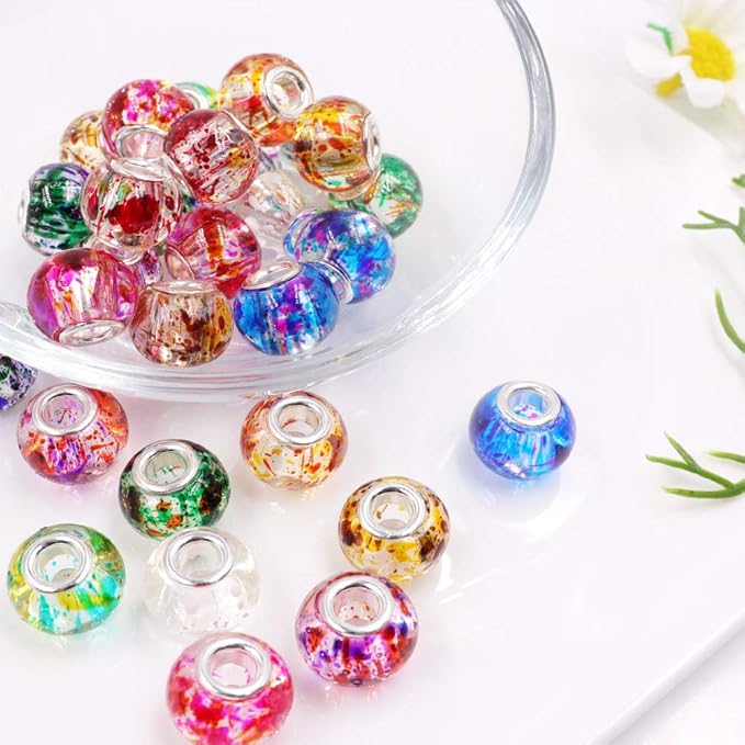AIPRIDY 100Pcs 15x11mm Painting Murano Large Hole Glass Beads Mix Color with Silver Brass Cores European Charm fit Bracelet Necklace (Paint Splatter Glass)
