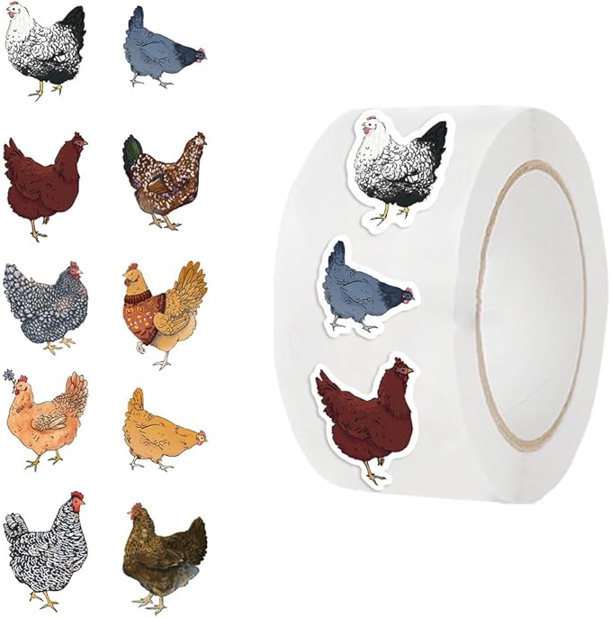 1000pcs chicken stickers roll, 2 rolls 10 styles cute hen and farm stickers, waterproof vinyl decals for water bottles laptops scrapbooking party favors classroom rewards