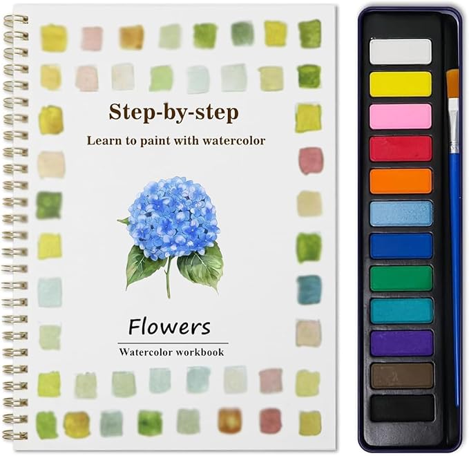 Beginner Watercolor Painting Kit – 12 Colors Paint Set with Brush, Flowers-Themed Art Supplies for Adults & Teens(Flowers)