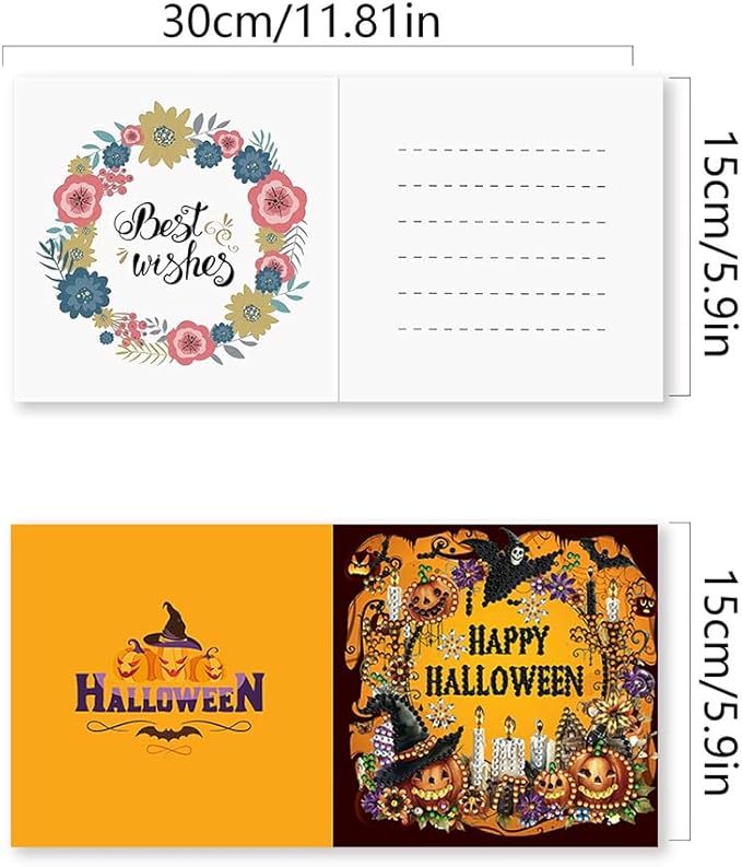 5D DIY Diamond Painting Greeting Card Kit, Diamond Art Halloween Pumpkin Gnome Holiday Greeting Card, Art Crafts Kit Creative Gift with Envelope (5pcs-Black)