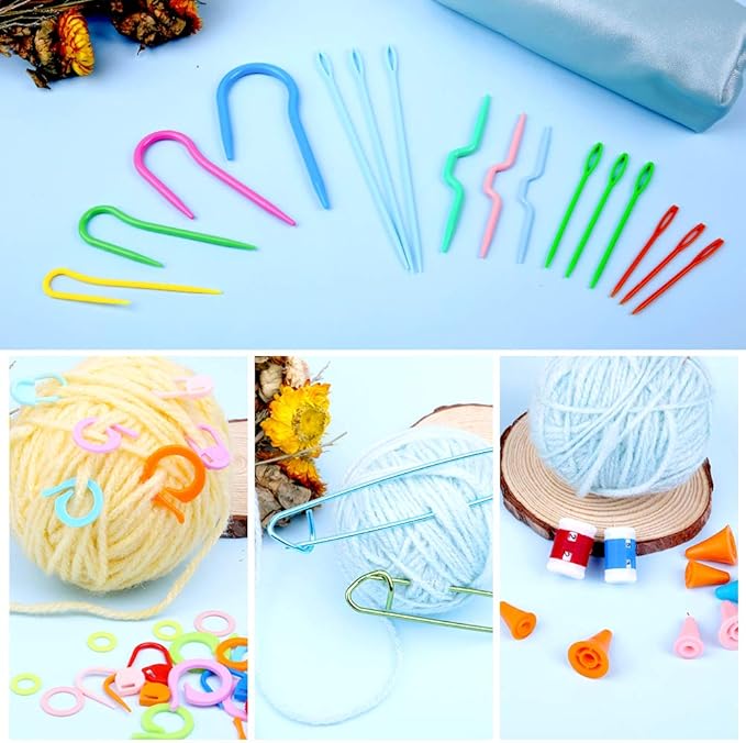 JUPEAN Knitting Kit Knitting Accessories Kit Knit Supplies Kits with Knitting Stitch Holders Stitch Markers Plastic Sewing Needles Seam Ripper Cable Needles for Weaving Sewing