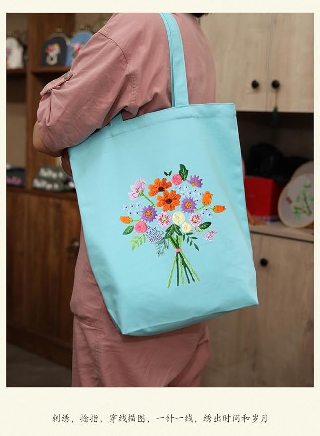 CREAWONDER Canvas Tote Bag Embroidery Kit with Pattern for Beginners, Arts and DIY Embroidery Crafts Kits for Adults, Include Instructions, Thimble, Embroidery Hoops, Color Threads and Tool