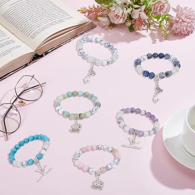 SUNNYCLUE 1 Box About 183Pcs 6 Sets Cheer Bracelet Making Kit Stone Bead Bracelet Kits 8mm Gemstone Crystal Silver Sports Cheerleading Charms Beads for Jewelry Making Set Women Starter Beginners