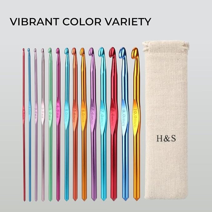 H&S Crochet Hooks Set Aluminium 14pcs Needles with Pouch Case 2mm 2.5mm 3mm 3.5mm 4mm 4.5mm 5mm 5.5mm 6mm 6.5mm 7mm 8mm 9mm 10mm