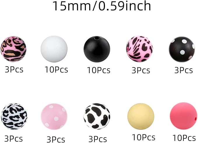 58Pcs Leopard Cow Dot Print Silicone Beads Set 15mm Mix Color Silicone Bead Charm Black Pink White Round Loose Spacer Beads for DIY Craft Garland Keychain Lanyard Necklace Bracelet Jewelry Making