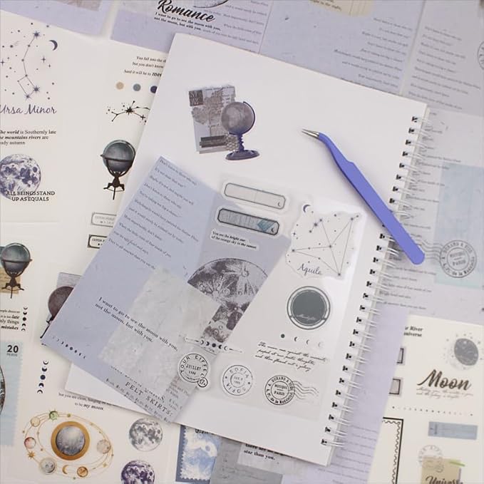 40 Sheets Vintage Washi Stickers Book for Adults, Scrapbook Ephemera with 180pcs Moon Stickers and 20 Adhesive Scrapbooking Papers, Bullet Junk Journaling Supplies