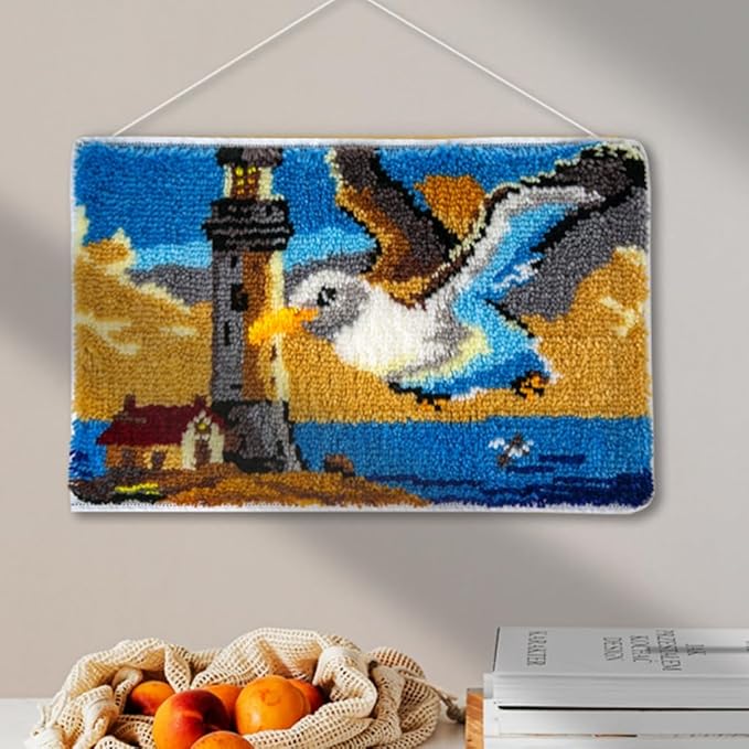 DL-YTG Latch Hook Kits Rug Seagull Crochet Yarn Cushion Colour Pre-Printed Canvas Cover Rug Needlework DIY Hook and Latch Kit Christmas Home Decoration 60X40cm/24x16 inch