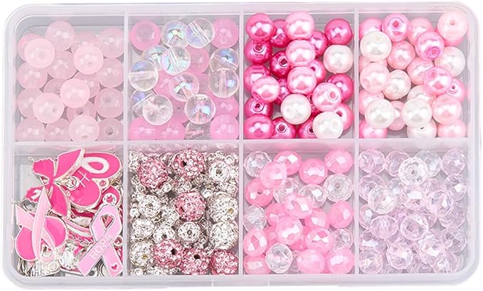 SUNNYCLUE 1 Box 6 Sets Pink Bracelet Making Kit Breast Cancer Awareness Bracelets Glass Beads Bow Heart October Ribbon Charms for Jewelry Making Kits Supplies Handmade Women Beginners Adults Starter
