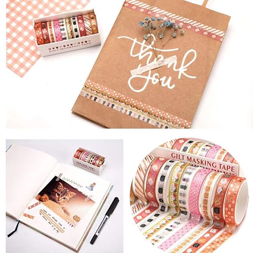 YUBBAEX 10 Rolls Sparkling Washi Tape Set 8mm Skinny Gold Foil Decorative Masking Washi Tapes for Journal,Scrapbook, Planner, DIY Crafts (Sweety Kittens)