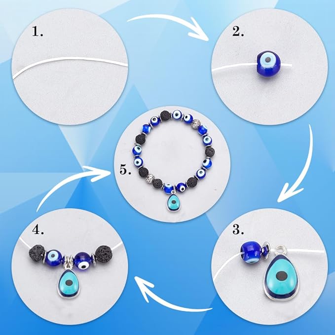 SUNNYCLUE 1 Box 6 Sets Evil Eye Bracelet Making Kits Lucky Hamsa Charms Blue Lampwork Glass Bead Natural Lava Rock Beads Spacer Beads for Jewelry Making Kits Women Adults Bracelets Adults