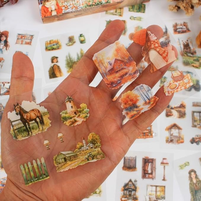448Pcs Autumn Scenery Scrapbook Stickers for Scrapbooking Supplies, Transparent PET Aesthetic Stickers for Journaling, Junk Journal, Planner, DIY Craft Art, Scrap Booking Supples Kit