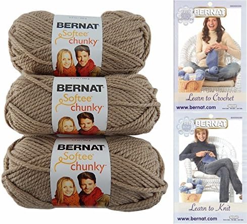 Bernat Softee Chunky Yarn Bundle Super Bulky #6, 3 Skeins, Soft Taupe