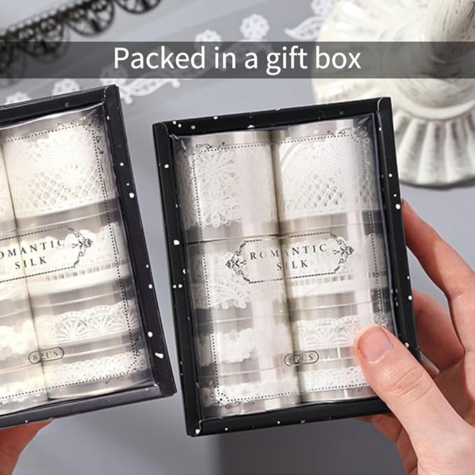 White Lace Washi Tape Set, 8 Rolls Elegant Vintage PET Decorative Tape Adhesive for Crafts Materials Journaling Scrapbooking Supplies Card Making Gift Wraping Daily Planner Vase