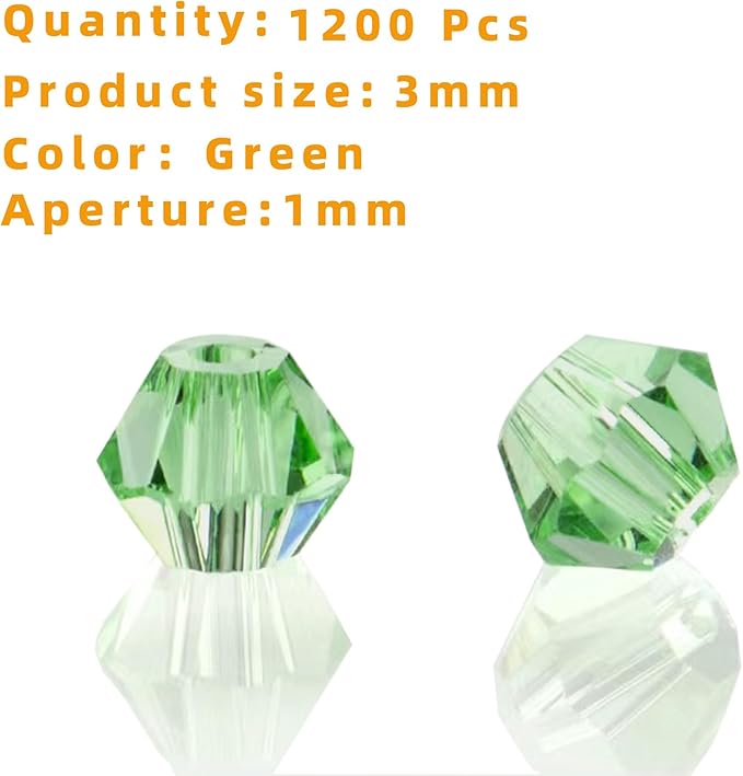 laopottbeads 1200pcs 3mm bicone crystal glass beads for jewelry making, sparkling mini beads for suncatchers, diy bracelets & craft projects (green)