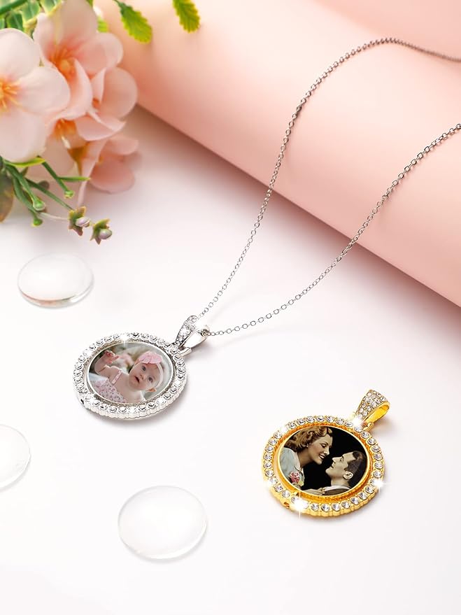 Ferraycle 27 Pieces Rhinestone Bezel Pendant Trays Set Including 9 Pieces Double-Sided Sublimation Blank 1 Inch Bezel Round Pendant Trays Charms with 18 Transparent Glass(Silver, Gold)