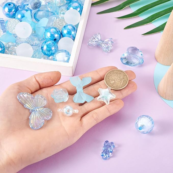 FASHEWELRY Assorted Blue Acrylic Beads Transparent Heart Butterfly Bowknot Flower Beads Gummy Chunky Cute Pony Bead Bulk for Bracelets Necklaces Key Chains Jewelry Making, 80pcs